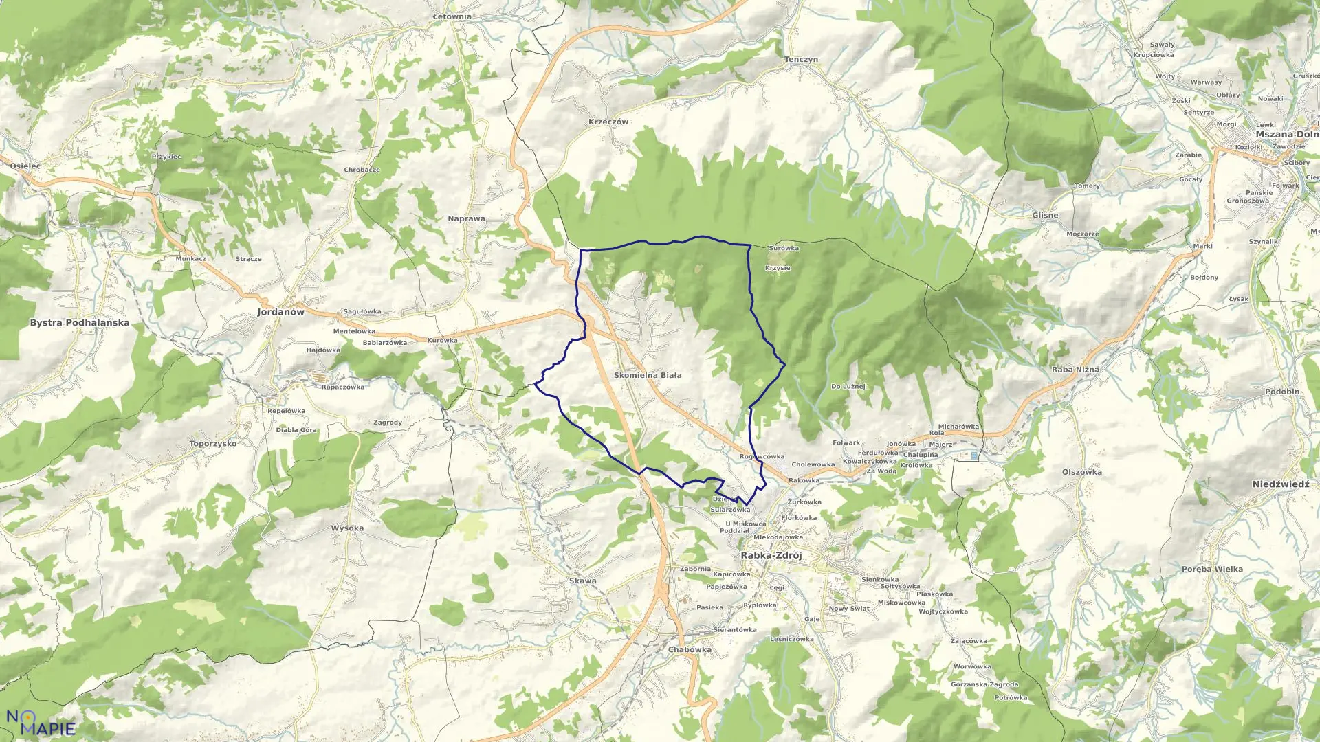 Mapa obrębu Skomielna Biała w gminie Lubień